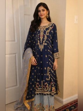NEW Silk Embroidered Navy Blue Gold 3pc  Formal Outfit Wedding M L